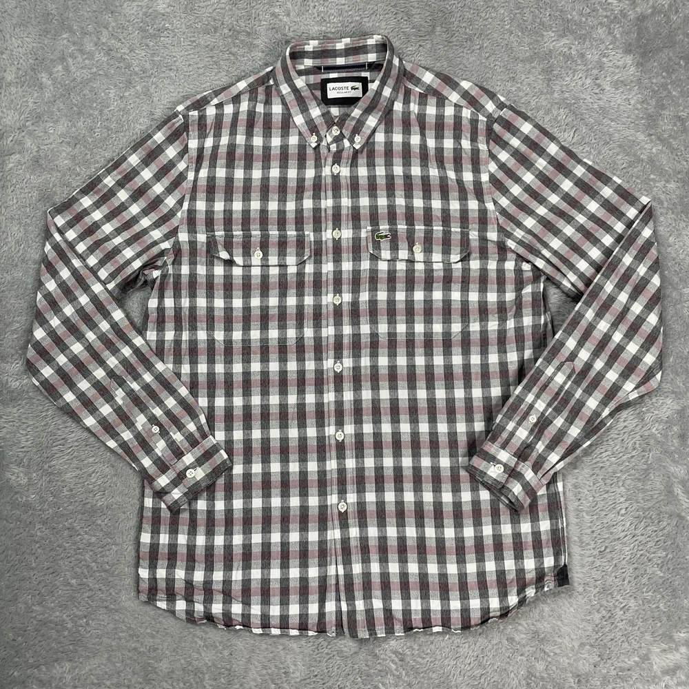 Lacoste Shirt Mens Large Gray Plaid Cotton Long Sleeve Button Front Casual